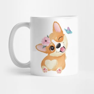 cute little corgi play with butterfly tshirt Mug